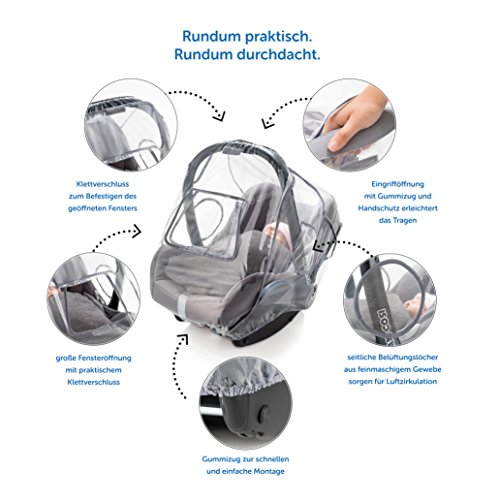 Universal Komfort Regenschutz für Babyschale (z.B. Maxi-Cosi / Cybex / Römer) | gute Luftzirkulation, verschließbares Kontakt-Fenster, Eingriffsöffnung für Tragegriff, PVC-frei - 7