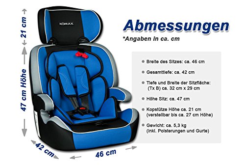 XOMAX XM-K4 BLUE Kindersitz 9-36 kg, Gruppe I / II / III, ECE R44/04 geprüft, Farbe: Blau, Schwarz, Grau + mitwachsend + 5-Punkte-Sicherheitsgurt + Kopfstütze verstellbar + Rückenlehne abnehmbar / Bezüge abnehmbar & waschbar - 9